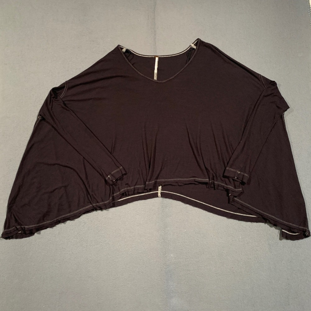 Free People Top Womens Small Black Oversized V-Neck Poncho Contrast Stitch Boho